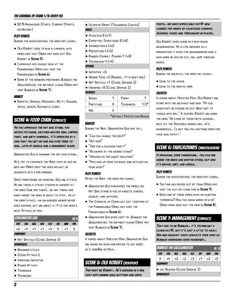 The second page of "Carnival of Crime, Part 1: Entry Fee," an adventure for the "Mutants & Masterminds" table-top role-playing game!