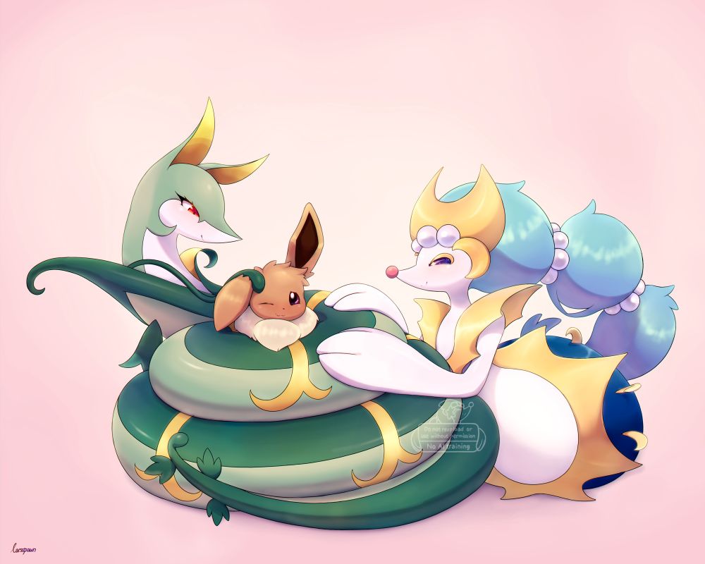 Shady being wrapped and headpatted by a Serperior while Lucy stares at him teasingly.