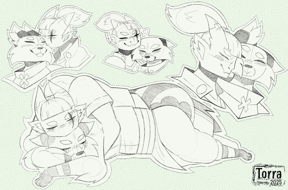 A sketchpage with black and white sketches of the characters Akai and Rox from Ninjin.