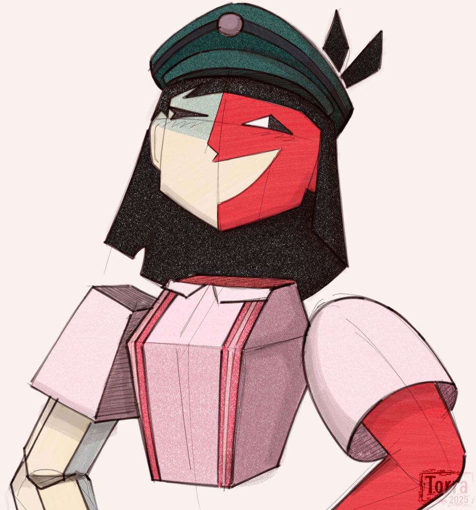 A sketch of ENA from ENA: Dream BBQ. She is standing upright, hands on hips, smiling and winking.