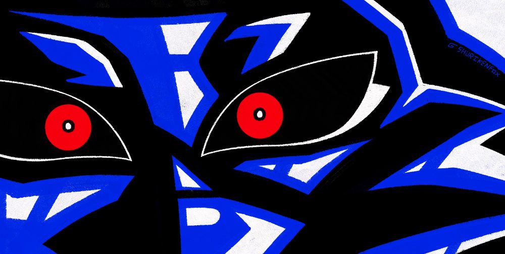 A blockout colour-styled art drawing with the character Akai from Ninjin as the central focus. She looks at what’s in front of her, moon shining down on her outline.