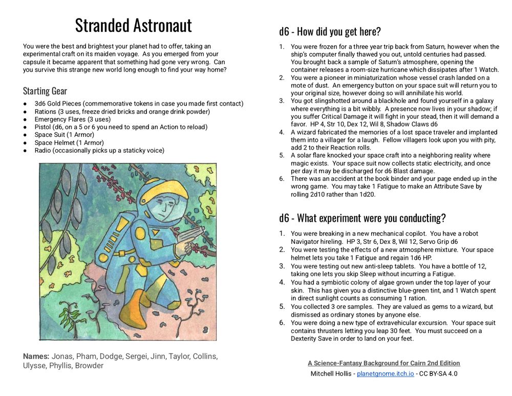 Screenshot of the player background page.  The main sections are called "Stranded Astronaut", "Starting Gear", "How did you get here?", and "What experiment were you conduction?"