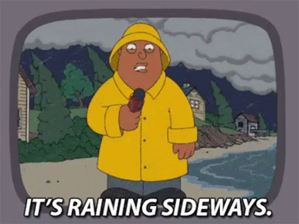 a cartoon character in a yellow raincoat is holding a microphone and says it 's raining sideways ..