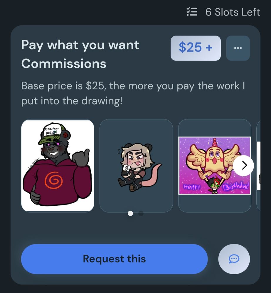 A screenshot of my kofi commission page, showing my pay what you want Commissions.
