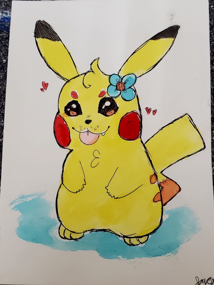 A water color painting with pen lines of a Pikachu with a blue flower on their head.