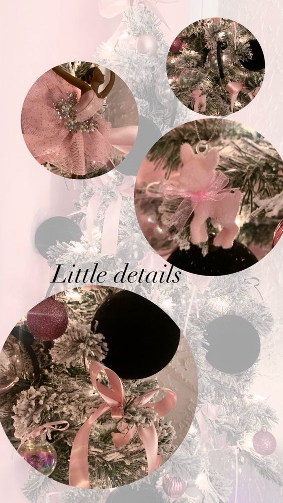 Graphic reading: little details. It shows three photos cropped into circles showing closeups of pink and black Christmas ornaments, a ballerina ornament and and a mini pink deer ornament