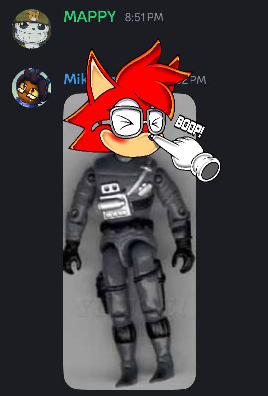 Skye’s head being attached to a G.I. Joe Action Figure as she’s being booped.