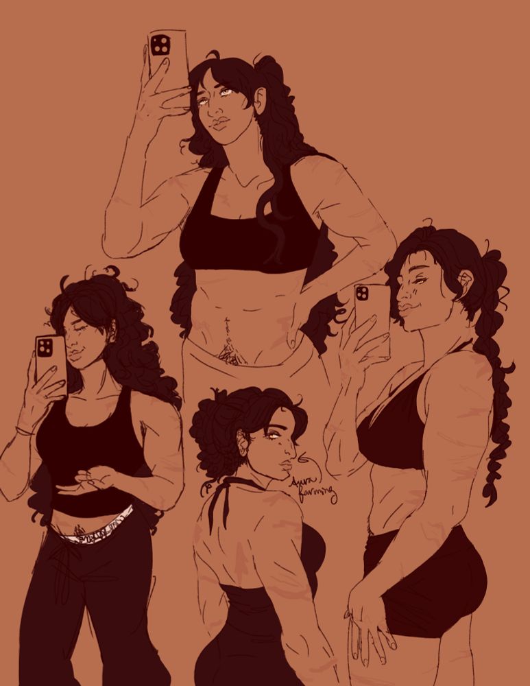a collage of 4 selfie style photos of a buff woman with scars and long dark hair flexing and showing off in gym clothes. heavily referenced from various photos of Rhea Ripley.