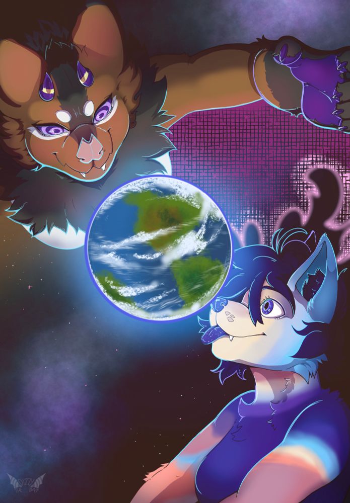 Macro bat and macro canine encircle the world while floating in space 