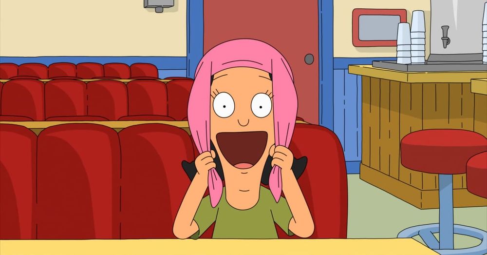 louise from bobs burgers. she’s pulling down on the ears of her rabbit hat in excitement, her mouth and eyes are wiiiiide. 