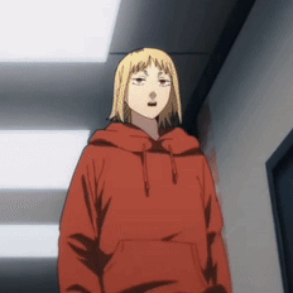 a blonde anime character wearing a red hoodie stands in a hallway