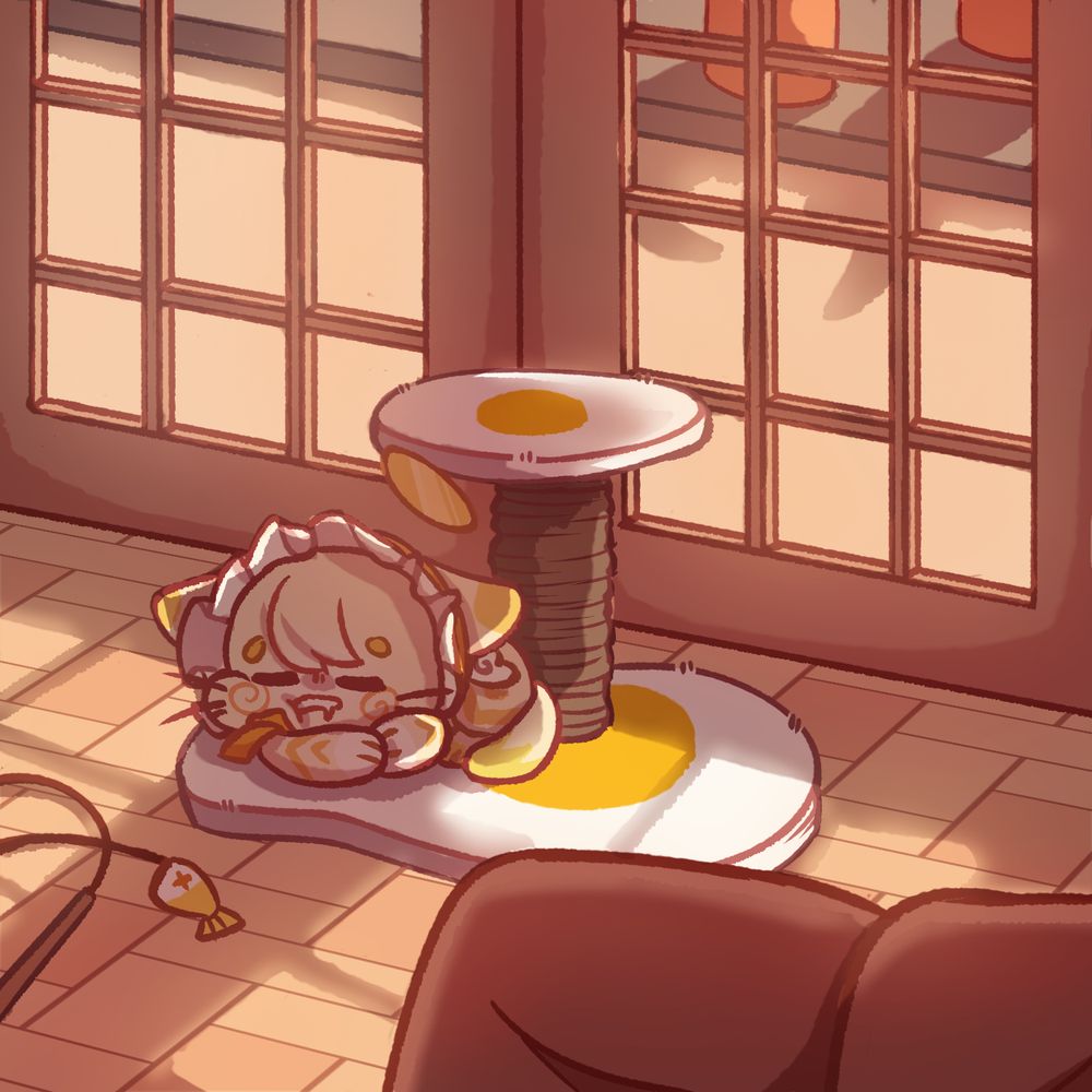 egg themed cat sleeping on a cat tree in a living room