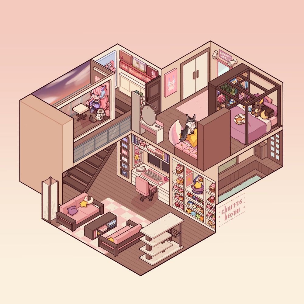 Isometric room with character drinking on balcony