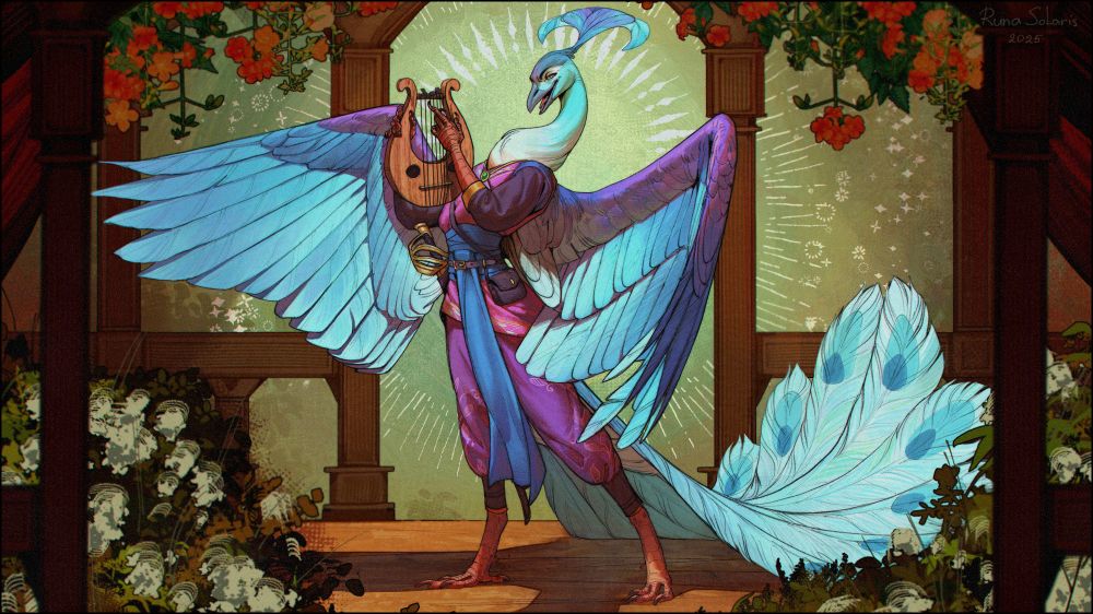 Illustration of a peacock bard performing on stage playing the lyre