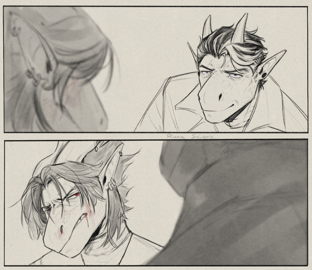 A 2-panel comic sketch. In the first panel, an older man looks with a slight smile and a predatory look at a younger man. The second panel depicts a younger man who is beaten, blood dripping from his mouth, and he looks displeasedly at the second man.

#runasolarisart