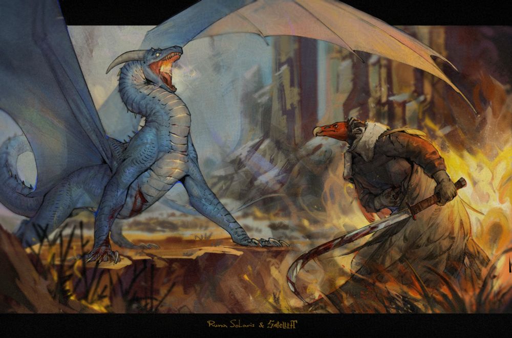 Battle scene between anthro vulture man and feral dragon. The dragon stands on a rise, wounded, but already preparing to firebreathe. The anthro vulture is also wounded, pressing his wound with one hand, he holds a bloodied sword in the other. A flame burns behind him. 

#runasolarisart