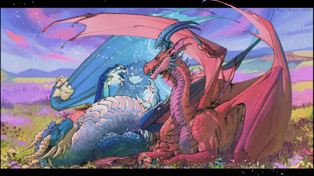 Digital art of two dragons in a flower field. The pink dragon lies next to the blue dragon and watches in delight as the blue dragon makes an ice flower with its magic. The blue dragon lies on his back and practices ice magic, one of its paws is also made of ice.