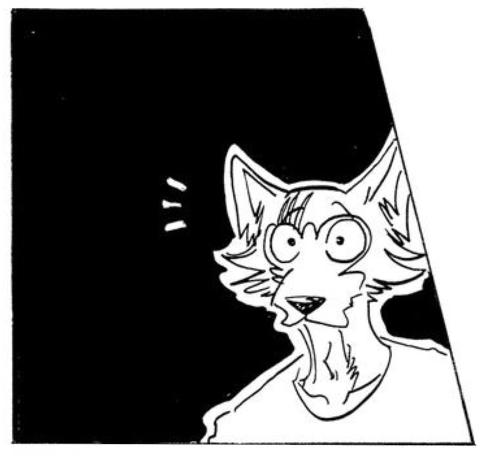 A panel from the manga Beastars, featuring Legoshi with wide eyes