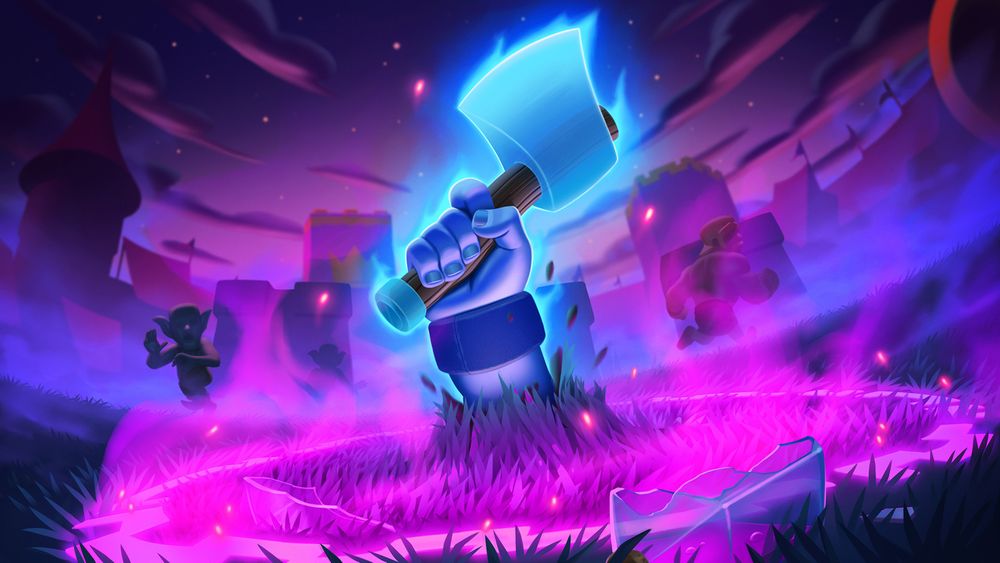 A ghostly hand holding a ghostly axe burst forth from the grass of a Clash Royale arena. In shades of cyan and purple