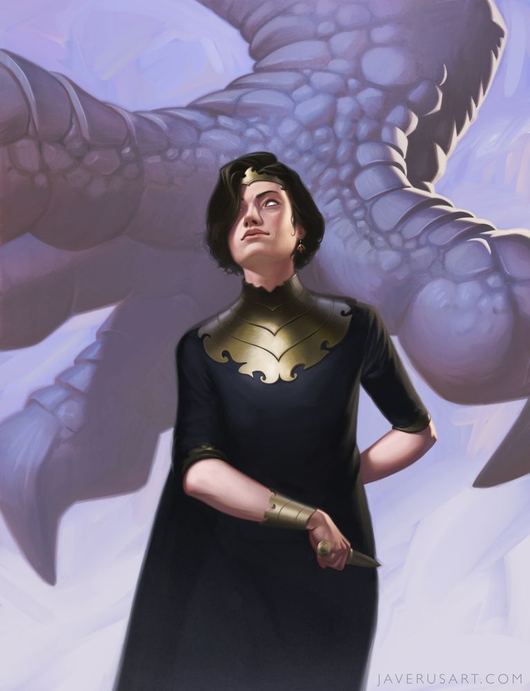 A woman in a dark dress with brass adornment stands in front of a dragon's claw