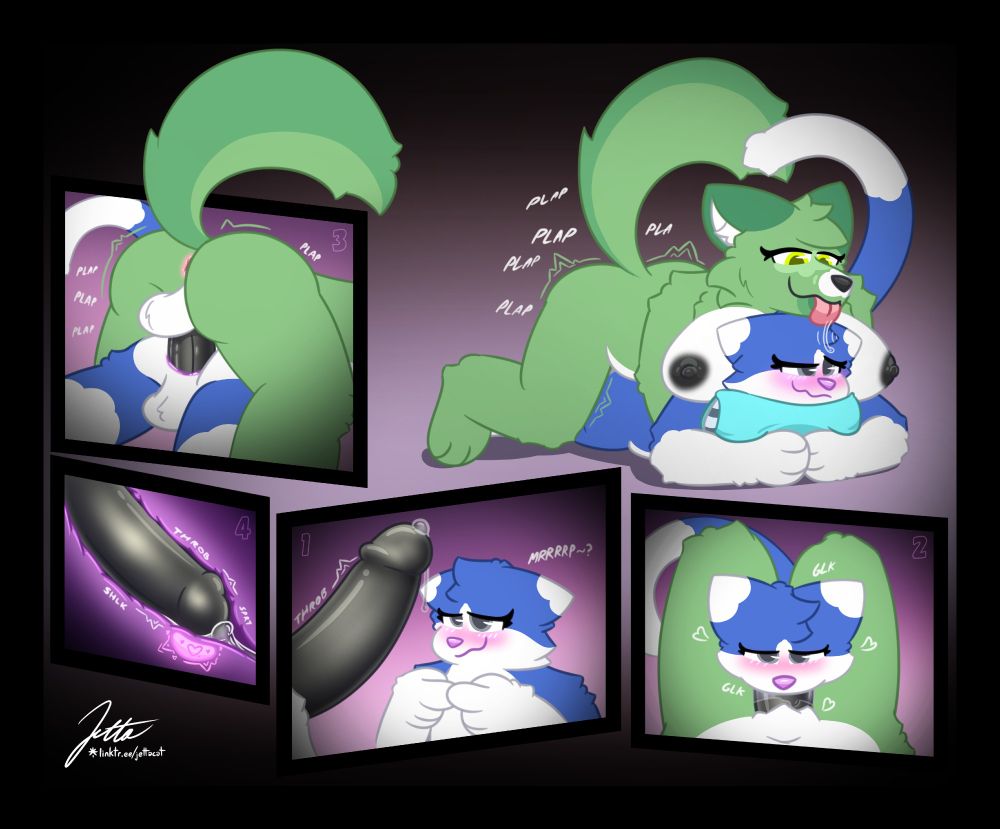 Celica, a green and white wolf, and Jetta, a blue and white cat, are pictured having oral and anal sex, with an internal shot on the bottom left panel. The order of the events are: bottom middle, bottom right, top left, bottom left, and then top right. Confusing, I know, but the composition looked the best this way to me!