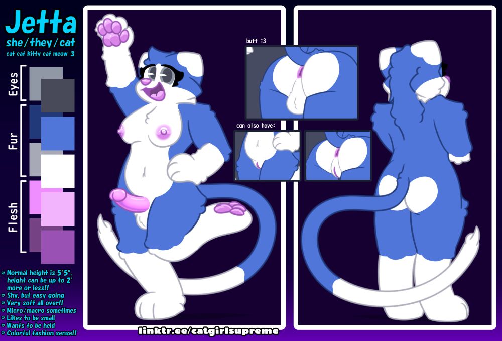 Ref sheet for Jetta, a blue and white cat who goes by she/they pronouns! She's depicted very fluffy, and decently busty with a moderately sized cock - alts depict that she can be drawn with a vagina as well. Info reads: Normal height is 5'5", height can be up to 2' more or less!! Shy, but easy going. Very soft all over!! Micro/macro sometimes. Likes to be small, wants to be held, and a colorful fashion sense!! #furryart