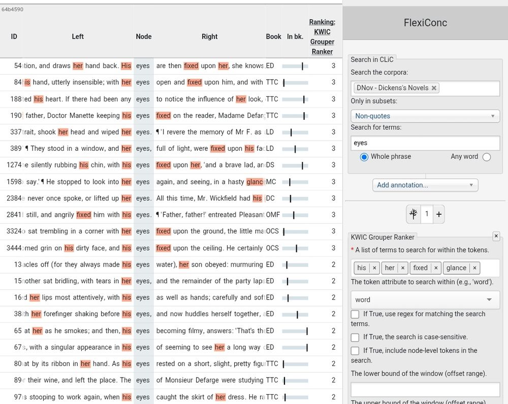 Screenshot of a KWICGrouped concordance of eyes in Dickens' novels on "his", "her", "fixed" and "glance" using FlexiConc in the web app CLiC. KWICGrouping ranks the results for "eyes" based on the number of specified search terms they contain. FlexiConc provides additional options to adjust the search criteria.