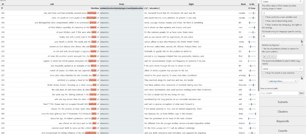 A screenshot from clic-fiction.com showing concordances of the bigram "education of" in several literary corpora.