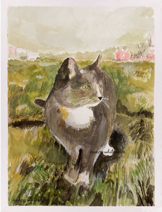 Gouache painting of a gray cat standing in a field of green grass. 