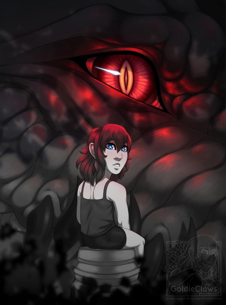 A greyscale illustration of Grigori from Dragon's Dogma and my OC: Scim Deus. Scim is sitting on a pedastal, looking over their shoulder at the view whilst Grigori's face obscures the background. His eye shines with a vivid red.