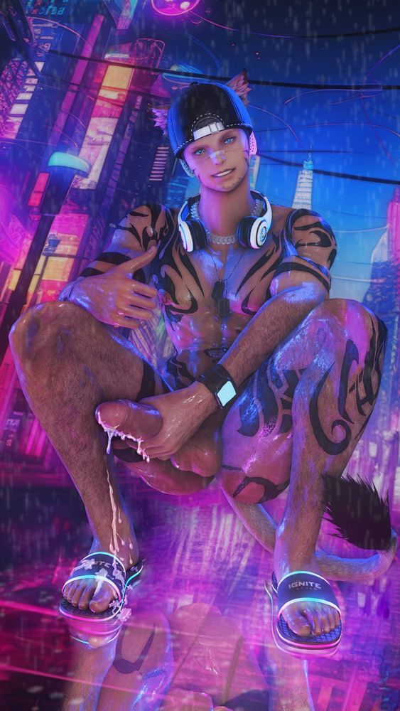 ffxiv miqote catboy neon city flip flops headphones 