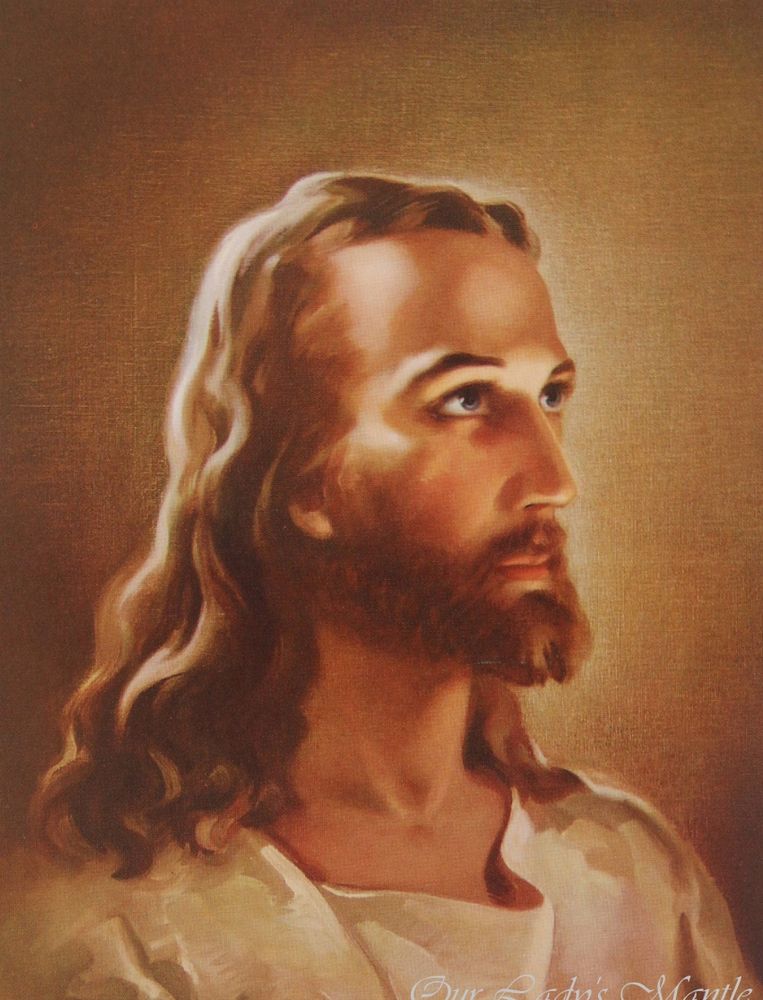 Vintage depiction of a white jesus with long dishwater blond hair and light eyes 