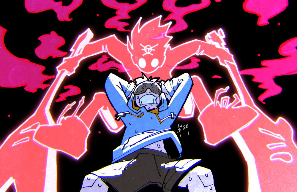 FLCL illustration of Naota Nandaba and his Atomsk form floating over him.