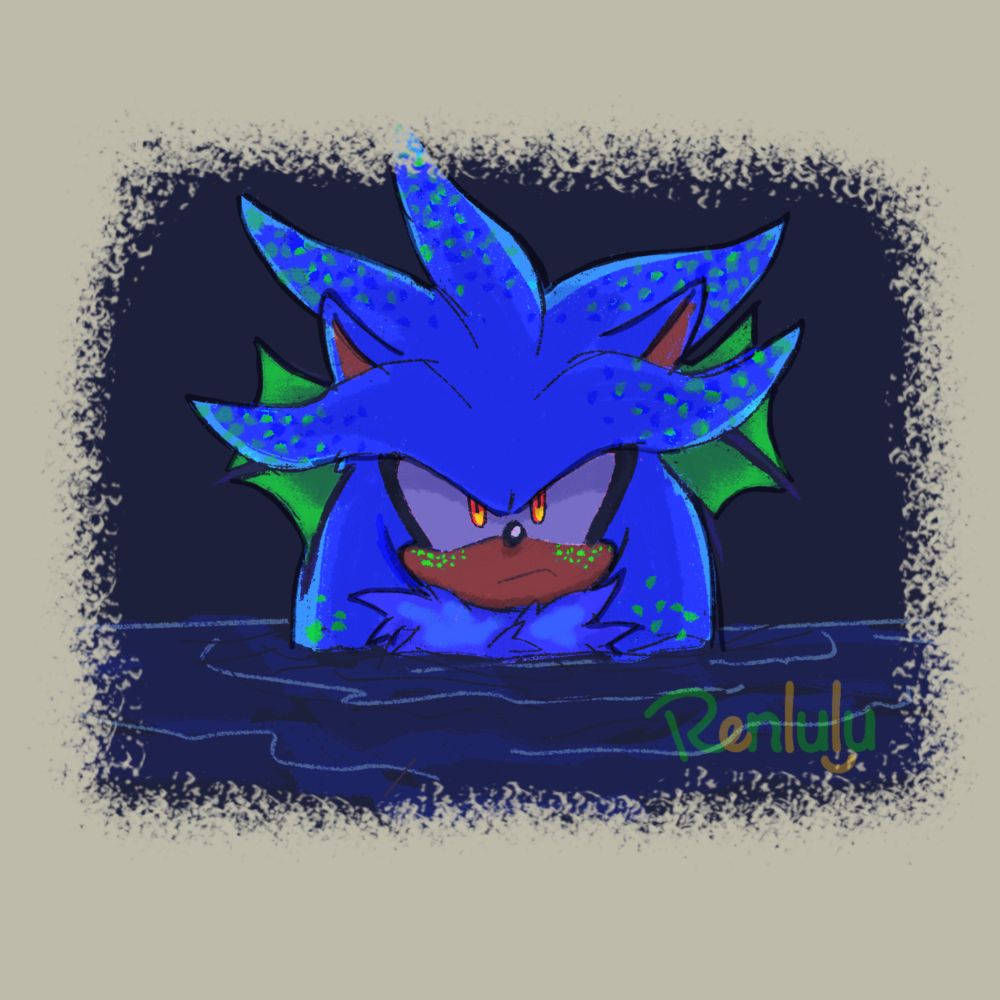Silver the hedgehog as a mermaid, staring forward with a mean look, floating on the water. His fur and scales are glowing in the dark. 