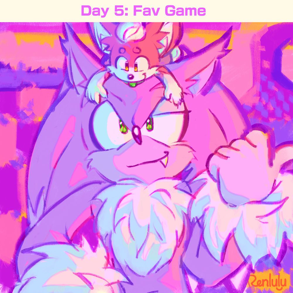 Sonic the werehog standing in Green Hill, pointing with his thumb toward a direction, smirking. Chip the light Gaia is lying down on top of Sonic’s head with a smile. 