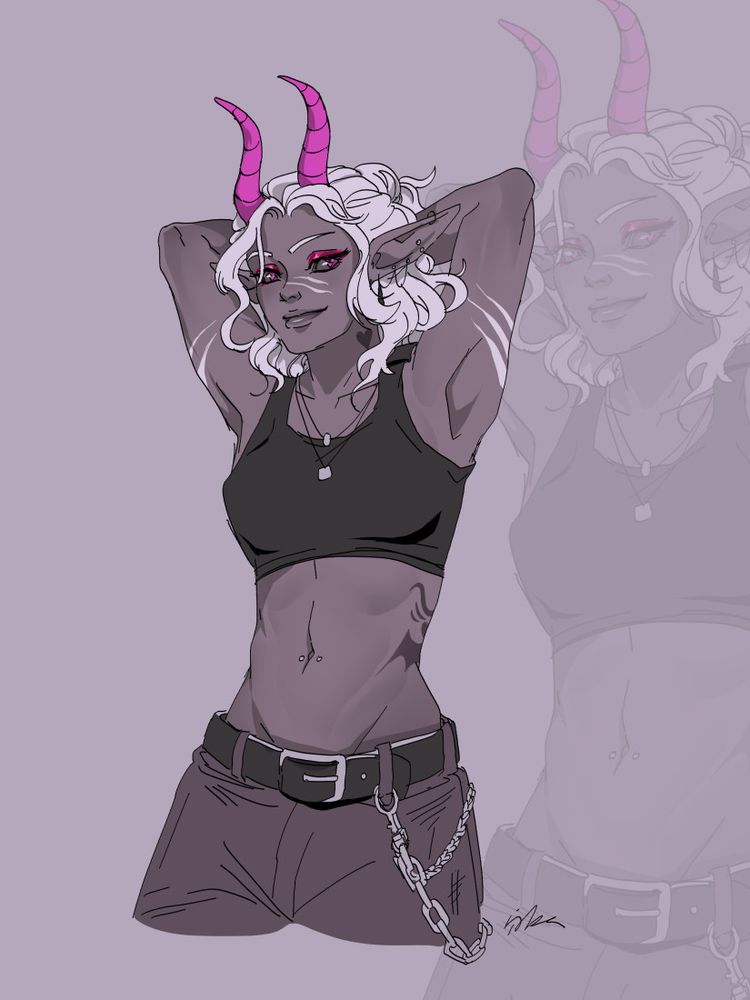 Purple-grayish tinged simple drawing of tiefling woman in a tight black crop top and baggy pants with chain accents. She has two pink horns that rise above her head, matching her pink heart-shaped pupils