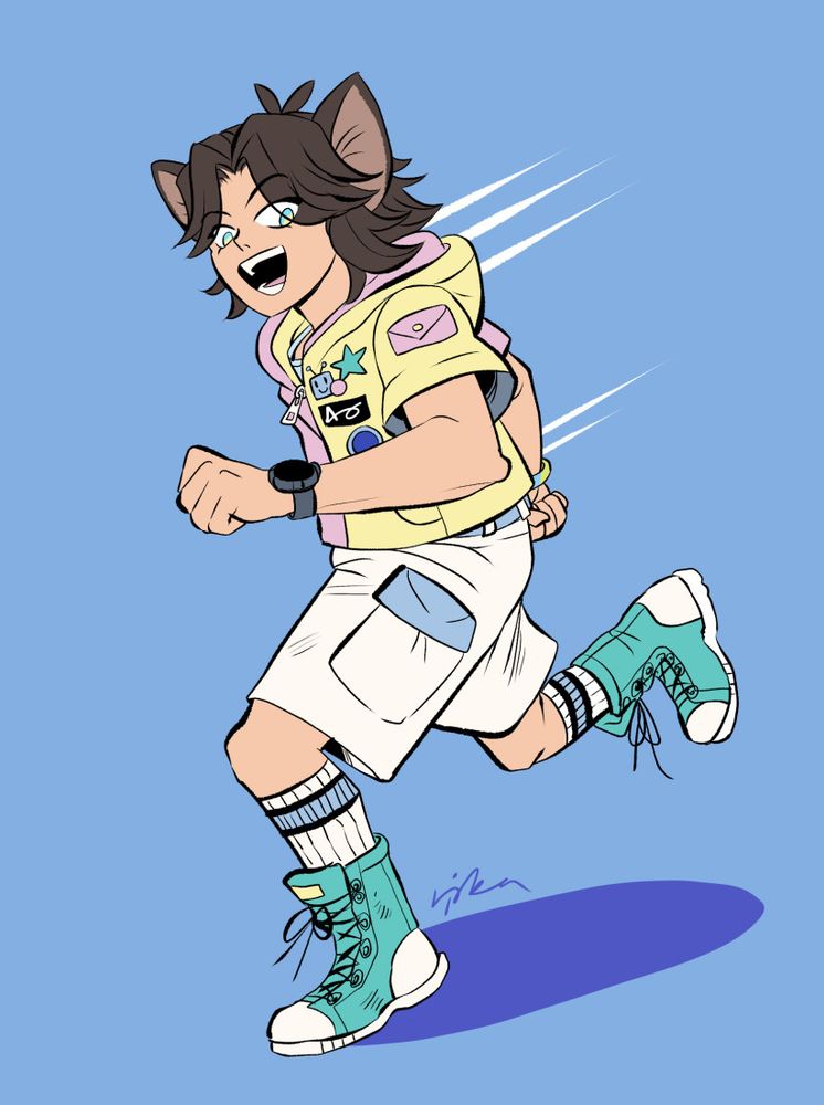 Simple colored drawing on blue background: youthful cat person (human with cat ears) runs in a split yellow/pink hoodie t-shirt