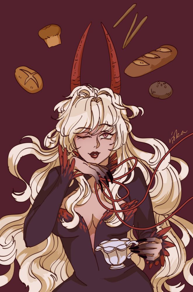 In a golden hued retro anime style, a female demon with long flowing pale hair poses with a teacup. Variously shaped loaves of bread float above her head