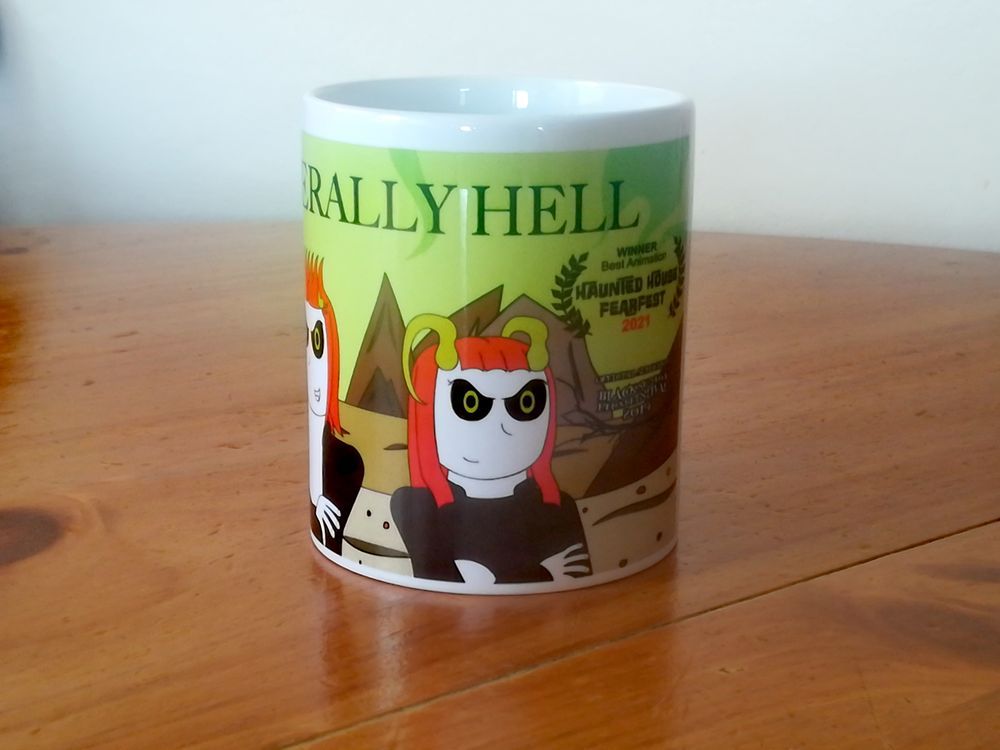 It's a mug that has the design of Lucy from the animated web series Literally Hell. 