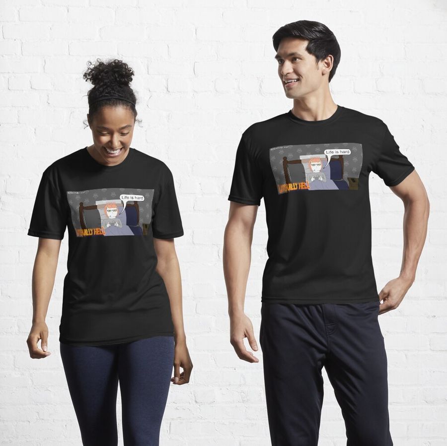 It's a man and a woman and they are wearing t-shirts that has the design of Damien from the animated web series Literally Hell. Damien is in bed, playing a video game and he is saying ''Life is hard.'' 