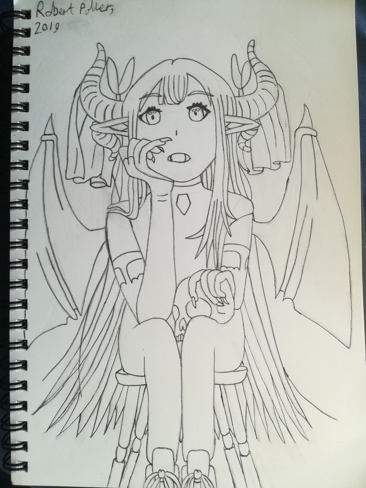 It's a sketch of a anime demon girl with wings. 
