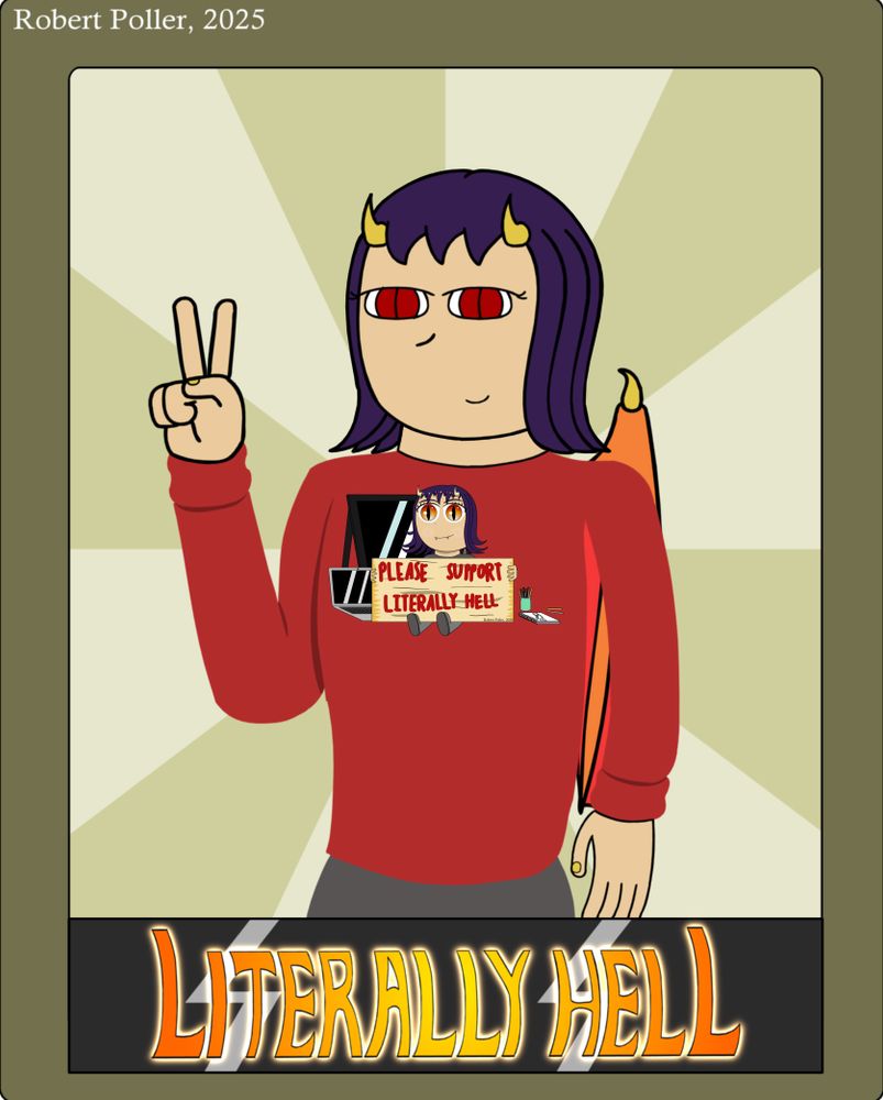 It's a cartoon illustration of Mary from the animated web series Literally Hell. The orange glowing text below her reads 'Literally Hell.' 