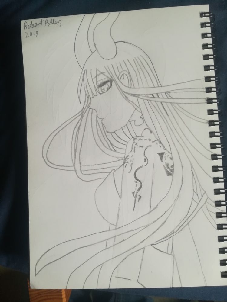 It's an illustration of an anime demon woman that was drawn by me (Robert Poller) in 2019. The woman has tattoos on her back and on her right shoulder. 