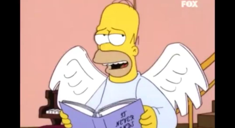 homer simpson with angel wings is reading a book titled " it never ends "