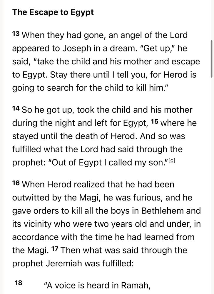 From Matthew 2:

The Escape to Egypt
13 When they had gone, an angel of the Lord appeared to Joseph in a dream. "Get up," he said, "take the child and his mother and escape to Egypt. Stay there until I tell you, for Herod is going to search for the child to kill him."
14 So he got up, took the child and his mother during the night and left for Egypt, 15 where he stayed until the death of Herod. And so was fulfilled what the Lord had said through the prophet: "Out of Egypt I called my son." 
16 When Herod realized that he had been outwitted by the Magi, he was furious, and he gave orders to kill all the boys in Bethlehem and its vicinity who were two years old and under, in accordance with the time he had learned from the Magi. 17 Then what was said through the prophet Jeremiah was fulfilled:
18
"A voice is heard in Ramah…