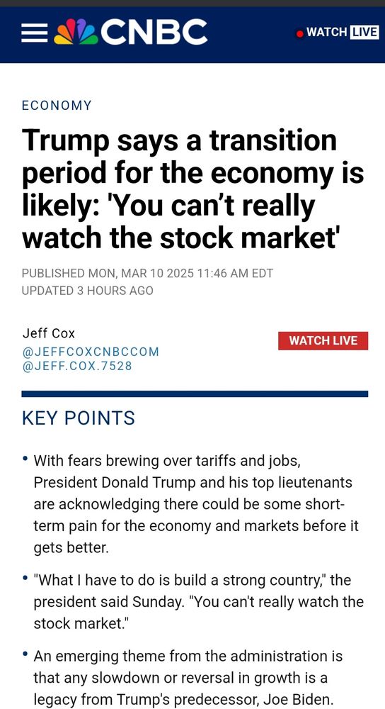 CNBC graphic with headline "Trump says transition period for the economy is likely: 'You can't really watch the stock market'."