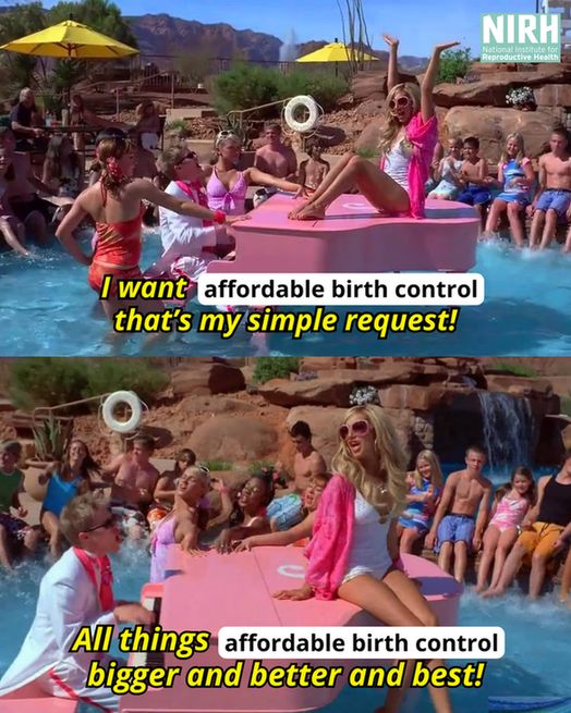 A meme from High School Musical 2 with Sharpay singing on a piano in a pool saying, "I want affordable birth control that's my simple request! All things affordable birth control bigger and better and best!"