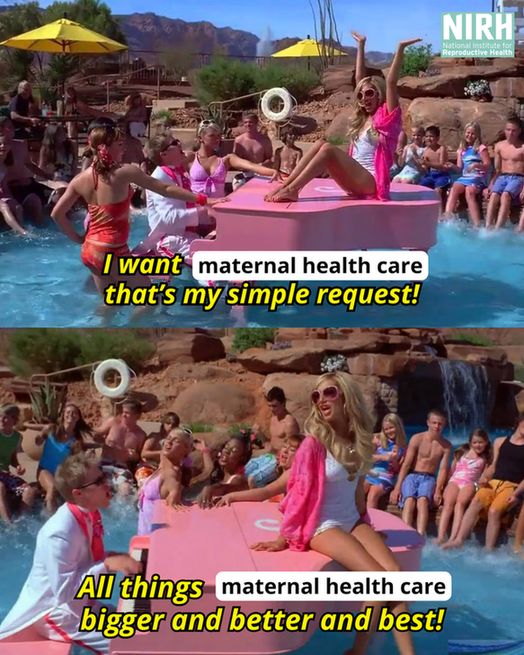 A meme from High School Musical 2 with Sharpay singing on a piano in a pool saying, "I want maternal health care that's my simple request! All things maternal health care bigger and better and best!"