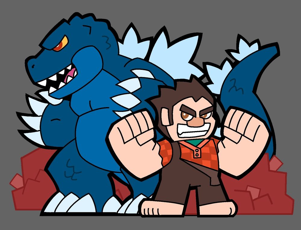 Wreck-it Ralph, paired with Godzilla, with a pile of rubble and bricks in the background