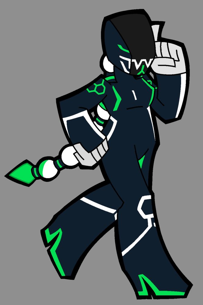 Lovelace's vigilante form, Python. Complete with a whip-like braided ponytail bearing a holographic dagger at the end. There are hexagonal patterns to resemble a snake's scaley skin.